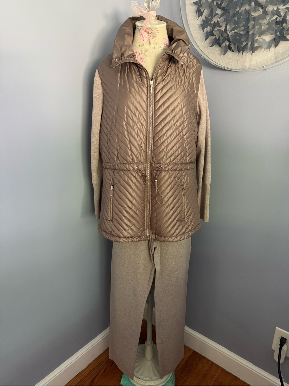 Chico's Zenergy Quilted Hooded Puffer Vest and Matching Pants in Taupe